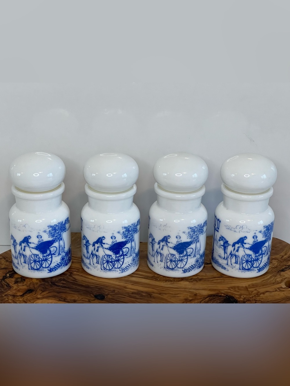 1950's White Milk Glass Apothecary Jar Set Of 4 Bubble Lid Made in Belgium EUC - Picture 1 of 14